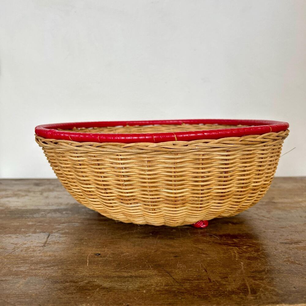 Vintage Wicker Footed Basket Bowl with Red Trim | Cottagecore Bowl | Woven Decor